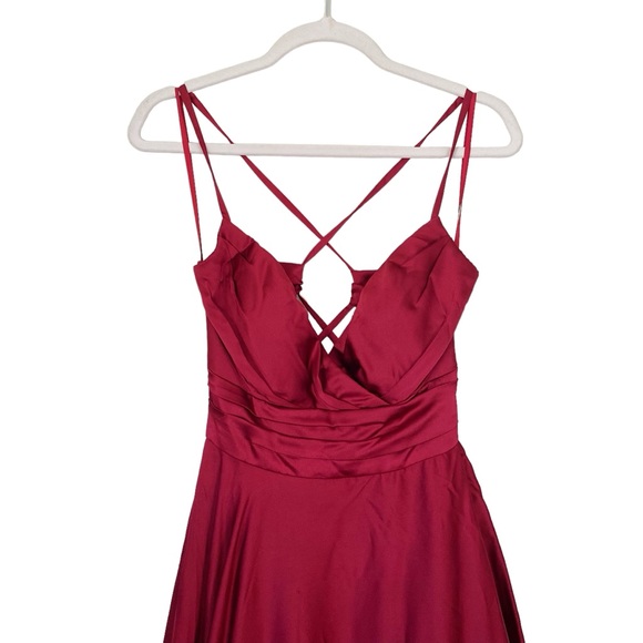 La Femme Wine Red Satin Strappy Back Side Slit Satin Gown Formal Prom Dress - Picture 4 of 9